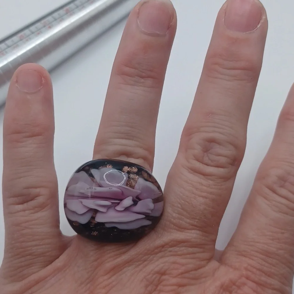 Black Glass Art Ring With A Pink Floral Design